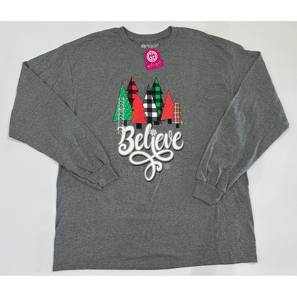Girlie Girl Originals Believe Christmas Tree Long Sleeve Graphic Tee Gray XL